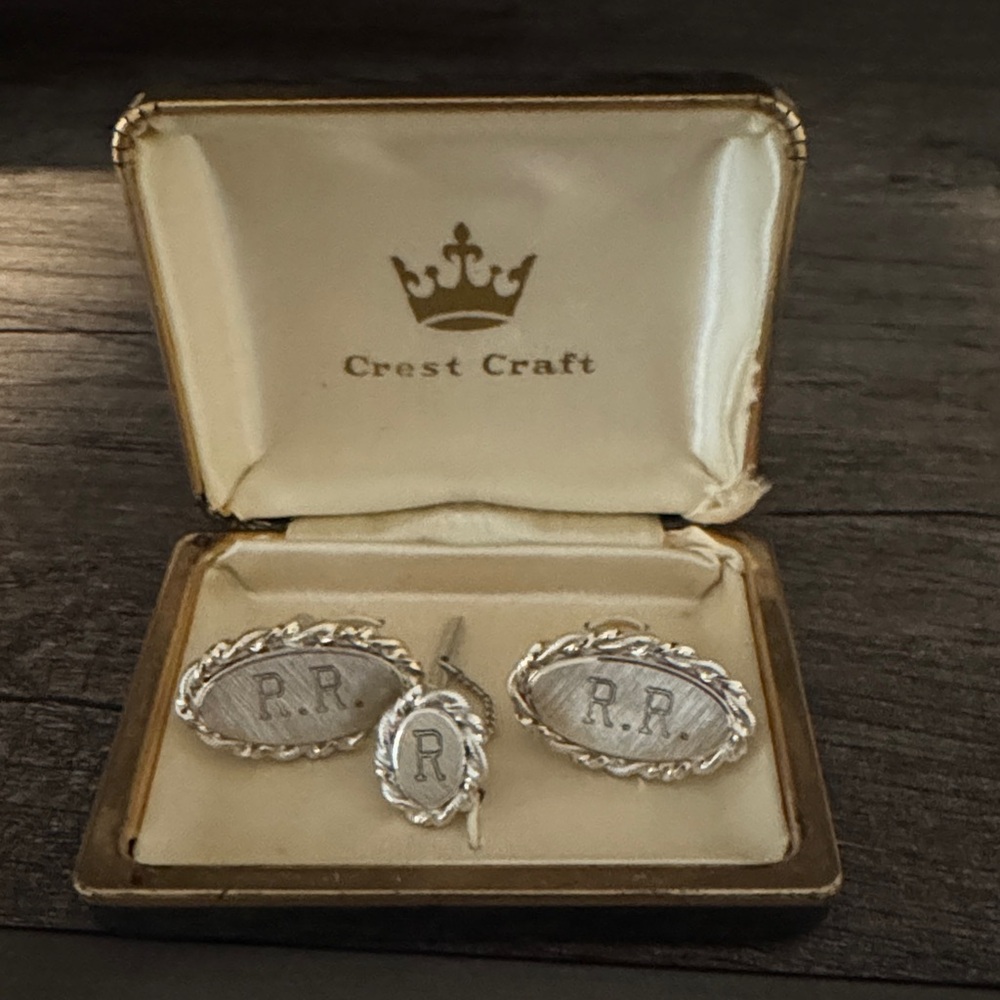 Silver Monogrammed Cufflink and Tie Clip Set with Case